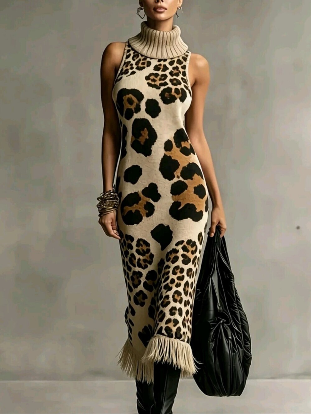 Vintage Leopard Print High Neck Sleeveless Knit Dress With Tassel Hem - Picture 1 of 4